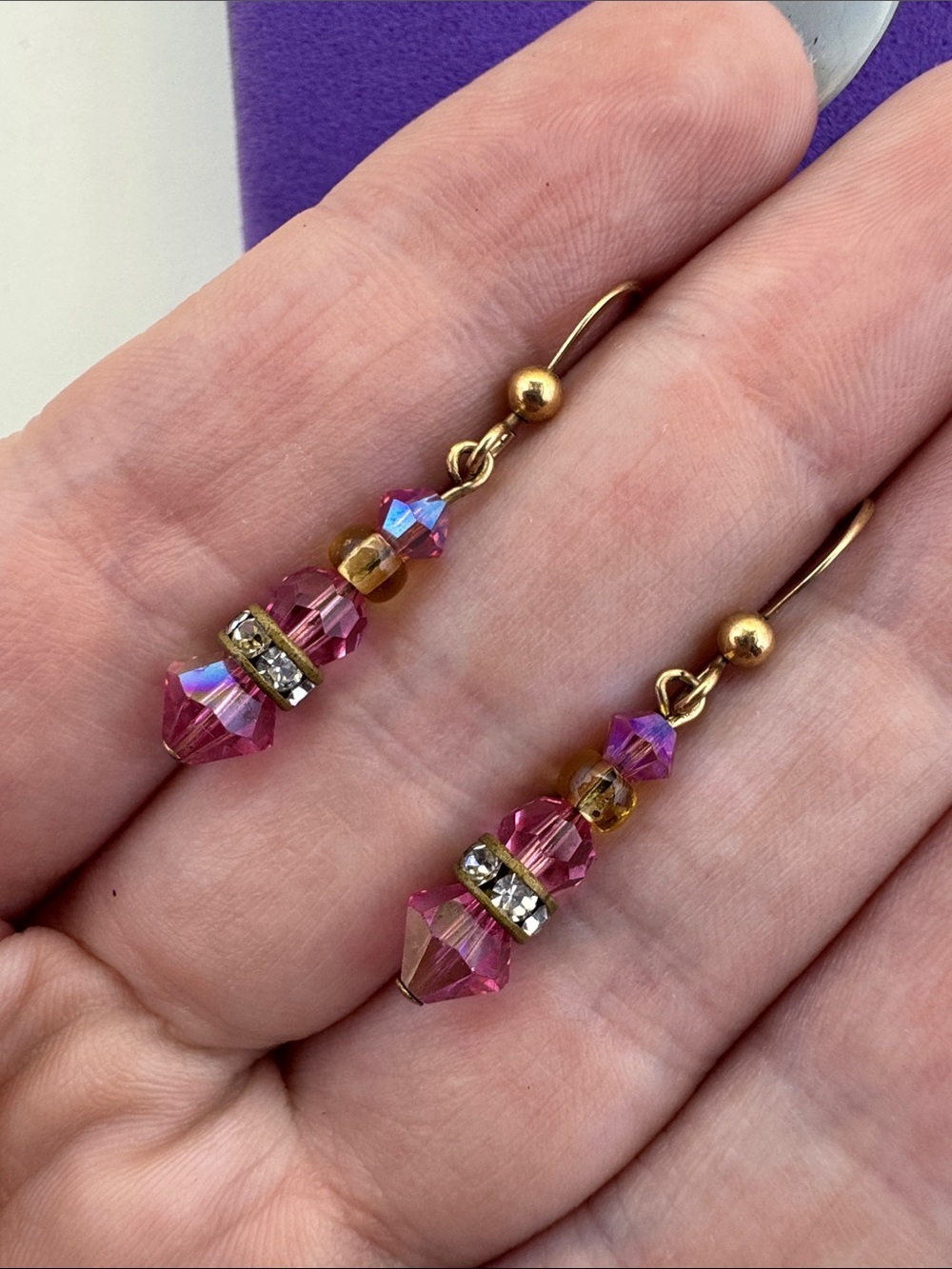 💛 Vintage 14k Gold Filled Pink Crystal Drop Earrings